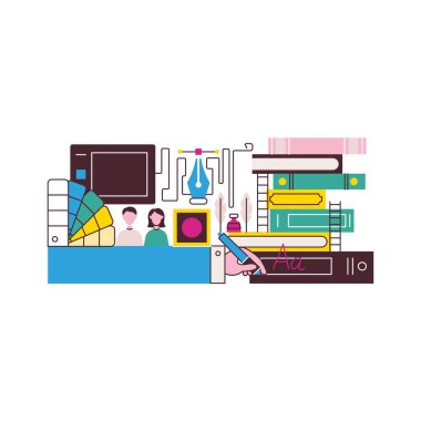 Kitap Grafik Tasarımı İzole Edildi. Tasarımcı ve İllüstratör Yaşam Tarzı Konsepti Vektör İllüstrasyonu. CMYK Renkleriyle Kitap Düzeni.