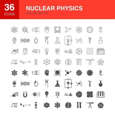 Nükleer Physis Line Web Glyph Katı Simgeleri. Vektör İnce Kimya ve Biyoloji Eğitim Sembolleri. Bilim Nesneleri Ayarlandı.