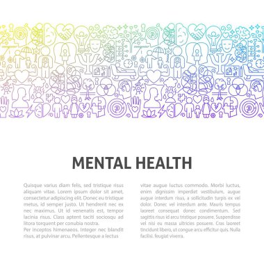 Zihinsel Sağlık Hattı Sanat Şablonu. Vektör İnce Özet Psikoloji Doğrusal Sembolleri. Sağlık ve Farkındalık Ayı Tasarımı. Beyaz Arkaplan Üzerine Terapi Nesneleri.