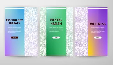 Akıl Sağlığı Web Tasarımı. Vektör İnce Özet Psikoloji Doğrusal Sembolleri. Sağlık ve Farkındalık Ayı Konsepti. Terapi Hattı Nesneleri Arkaplanı. Broşür Şablonu.