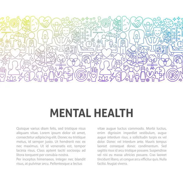 Zihinsel Sağlık Hattı Sanat Şablonu. Vektör İnce Özet Psikoloji Doğrusal Sembolleri. Sağlık ve Farkındalık Ayı Tasarımı. Beyaz Arkaplan Üzerine Terapi Nesneleri.