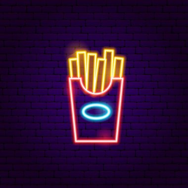 Fransız kızartması neon işareti. Kızarmış Patates Parlayan Sembol. Fast Food Promosyon Nesnesinin Vektör İllüstrasyonu.
