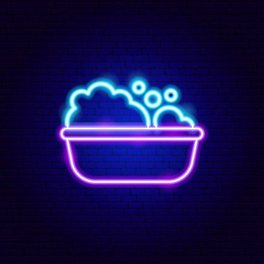 Bubbles Neon tabelası olan banyo tüpü. Parlak Tesisat Nesnesinin Parlak Görünümü. Led Lamba Banyo Köpük Simgesi Koyu Mavi Tuğla Arkaplan. 