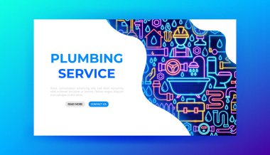 Tesisat Hizmetleri Neon İniş Sayfası. Modern Parlak Plumber tarzında Parlak Tesisat İşaretlerinin Vektör İllüstrasyonu. Promosyon konsepti. Led Lamba Borusu, Musluk, Kırbaç, Tuvalet, Lavabo. Gradyan Arkaplanı.