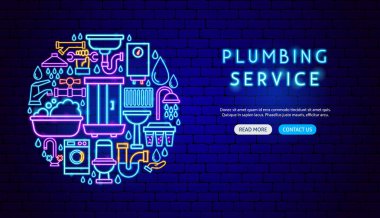 Tesisat Servisi Neon Sancak Tasarımı. Parlak Tesisat İşaretleri 'nin Modern Parlayan Tarzı' ndaki Vektör İllüstrasyonu. Web Tanıtım Konsepti. Led Lamba Borusu, Musluk, İngiliz Anahtarı, Tuvalet, Lavabo Karanlık Arkaplan.