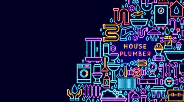 Muslukçu Neon Banner. Modern Parlak Tesisat Hizmet İşaretleri 'nin Vektör İllüstrasyonu. Web Tanıtım Konsepti. Led Lamba Borusu, Musluk, İngiliz Anahtarı, Tuvalet, Koyu Mavi Arkaplan Üzerine Lavabo.