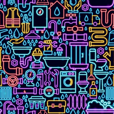 Tesisatsız Neon Deseni. Parlak Tesisat İşaretleri 'nin Modern Parıldayan Tarzı' ndaki Vektör İllüstrasyonu. Led Lamba Borusu, Musluk, İngiliz Anahtarı, Tuvalet, Lavabo Özgeçmişi.