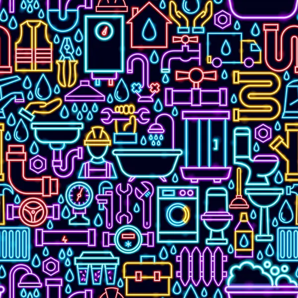 Tesisatsız Neon Deseni. Parlak Tesisat İşaretleri 'nin Modern Parıldayan Tarzı' ndaki Vektör İllüstrasyonu. Led Lamba Borusu, Musluk, İngiliz Anahtarı, Tuvalet, Lavabo Özgeçmişi.