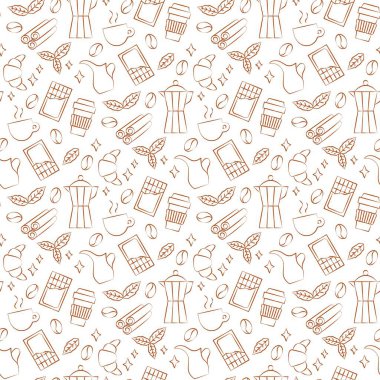 Kahve Fasulyeleri ve Kafe Hattı Kusursuz Kalıp. İçecek Kafeteryasının vektör illüstrasyonu Linear Outline Style Background. Espresso Kupası, Nane Yaprağı, Tarçın, Süt Kavanozu, Çikolata, Kruvasan ve Yıldızlar.