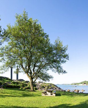 Panorama of a small park area near Hafrsfjord fjord and Sverd i Fjell monument, Stavanger, Norway, May 2018