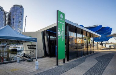 Modern Ferry Terminal with Contemporary Design by Elizabeth Quay Waterfront Area, Perth, Australia, January 2020