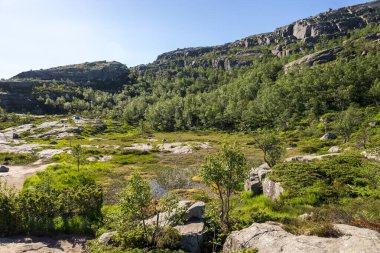 Verdant Vegetation ve Clear Blue Sky ile Sahne Dağ Manzarası Preikestolen Hiking Trail, Stavanger, Norveç, Temmuz 2018