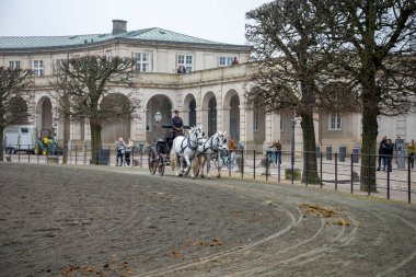 Turistler, Danimarka 'nın başkenti Kopenhag' daki Christiansborg Sarayı 'nın önündeki Büyük Açık Avlu' da Tarihsel At Arabasının keyfini çıkarıyorlar.