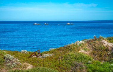11 Nisan 2020 'de Burns Beach, Joondalup, Batı Avustralya' da güneşli bir günde İskelet Teknesi ve Hint Okyanusu manzaralı kıyı manzarası.