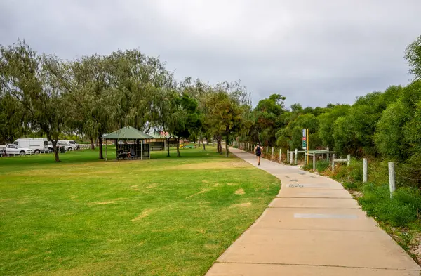 Huzurlu Park Sahnesi Yürüyen Yol, Yeşil Çim ve Pinnaroo Point, Perth, Avustralya 'da Korunaklı Oturma Alanı, 12 Nisan 2020