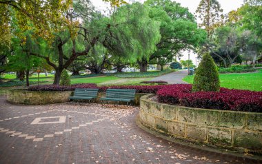 Huzurlu Hyde Park Sahnesi Benches, Lush Trees ve Dekoratif Peyzaj, Perth, Avustralya, 12 Nisan 2020