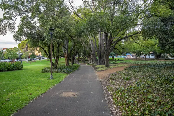 Paved Futbol Yolu Hyde Park, Perth, Avustralya 'da Lush Green ve Majestic Trees ile çevrili. 12 Nisan 2020
