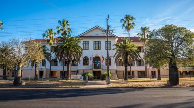 Güneşli bir günde Palmiye Ağaçları ve Şişe Ağaçlarıyla Güneybatı Hastanesi ve Sağlık Hizmetleri Koloni Biçimi 29 Kasım 2020