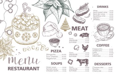 Noel menüsü. El çizimi çizimi. Çizim çizimi. Vektör.