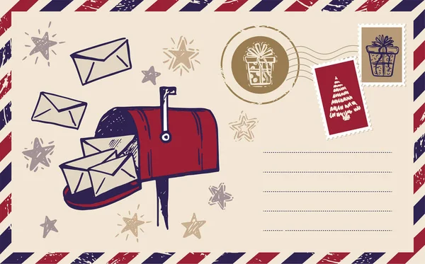 Christmas Mail Postcard Hand Drawn Illustration — Stock Vector