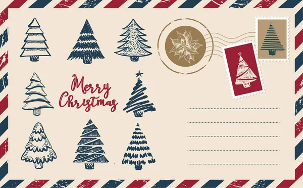 Posta Natale Cartolina Illustrazione Disegnata Mano — Vettoriale Stock