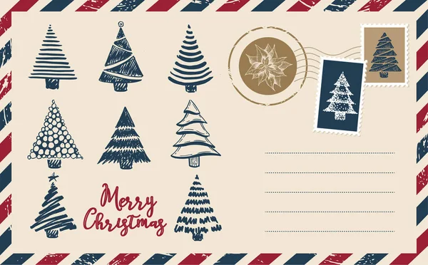 Kerstpost Ansichtkaart Met Hand Getekend Illustratie — Stockvector