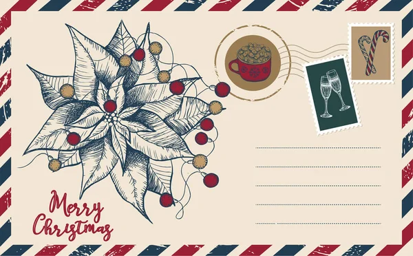 Correo Navidad Postal Ilustración Dibujada Mano — Vector de stock