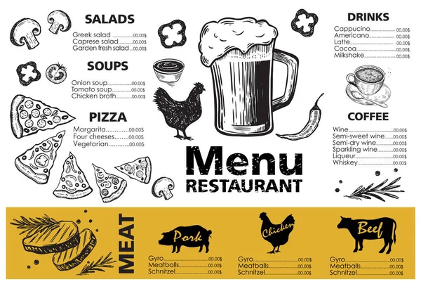 菜单餐厅小册子 带有手绘图形的传单 — 图库矢量图片