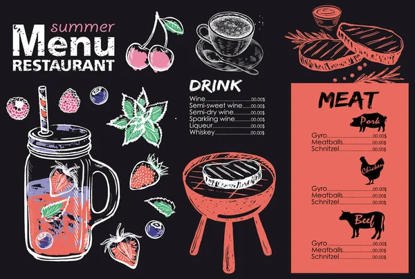 Restaurant Design Menu Alimentaire Menu Été Illustrations Dessinées Main Flyer — Image vectorielle