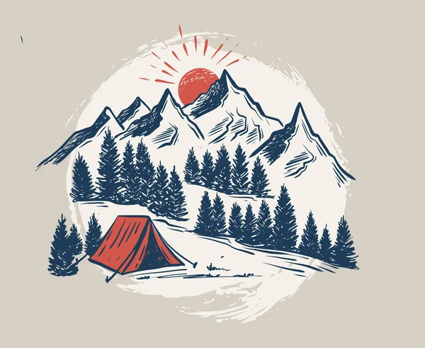 Skiss Camping Naturen Set Bergslandskap Vektor Illustrationer — Stock vektor