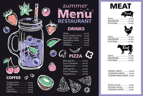 Restaurant Design Menu Alimentaire Menu Été Illustrations Dessinées Main Flyer — Image vectorielle
