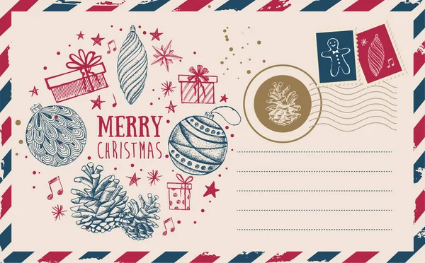 Correio Natal Cartão Postal Ilustração Desenhada Mão — Vetor de Stock