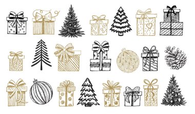 Noel ve Yeni Yıl seti. El çizimi illüstrasyon.