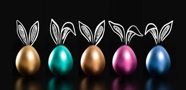 Wesołych Świąt Wielkanocnych Królicze Uszy Złote Jaja — Zdjęcie stockowe