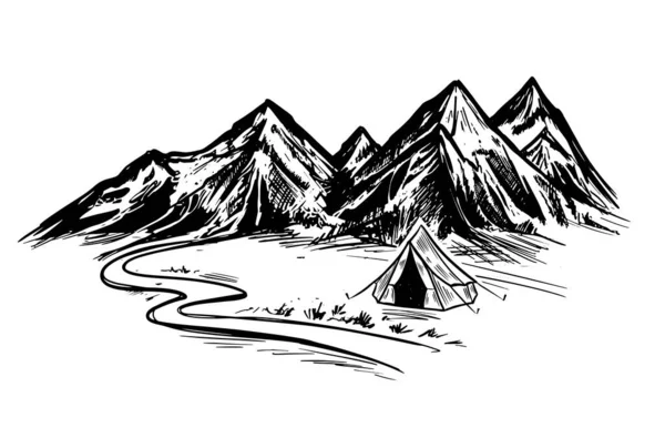 Paysage Montagne Camping Dans Nature Esquisse Illustrations Vectorielles — Image vectorielle