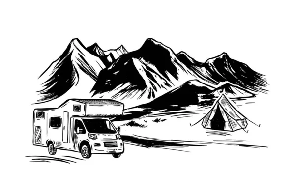 Husbil Bergslandskap Camping Naturen Handritad Stil Vektor Illustrationer — Stock vektor