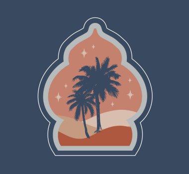 Ramazan. Doğu tarzı İslami pencere, palmiye ağaçları, kaktüs ve çöl koleksiyonu