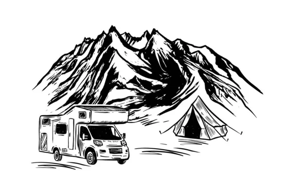 Husbil Bergslandskap Camping Naturen Handritad Stil Vektor Illustrationer — Stock vektor