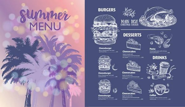 Summer Menu Restaurant Food Hand Drawn Illustrations Vector Food Flyer — Stock Vector