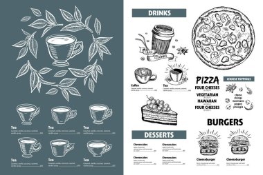 Menü restoran broşürü. Yeşil çay fincanı. El çizimi grafikli el ilanı.