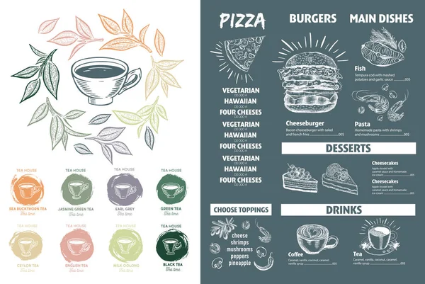 Menu Restaurant Brochure Green Tea Cup Flyer Hand Drawn Graphic — Stock Vector