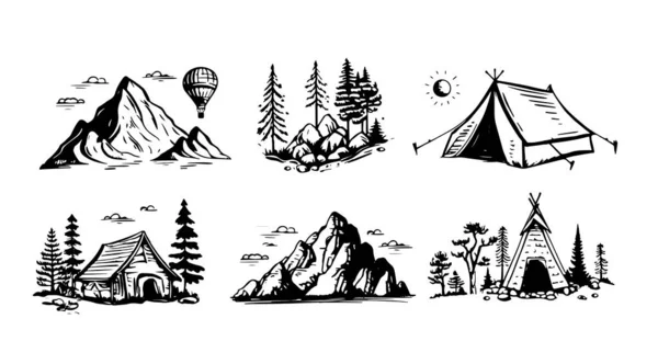 Camping Set Mountain Landscape Hand Drawn Style Vector Illustration — Stock Vector