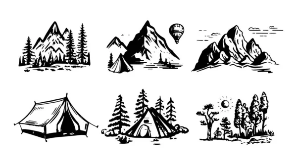 キャンプセット 山の風景 手描きスタイル ベクトルイラスト — ストックベクタ