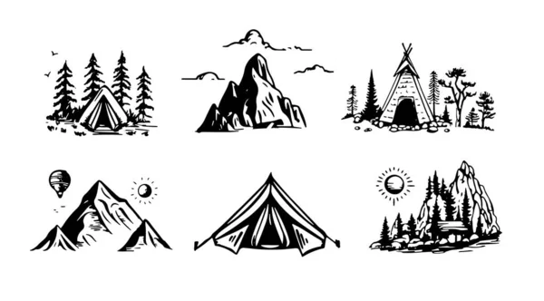 Camping Set Mountain Landscape Hand Drawn Style Vector Illustration — Stock Vector
