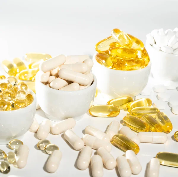 stock image Food supplement oil filled fish oil, vitamin D, omega 3, omega 6, vitamin A, vitamin E, flaxseed oil.