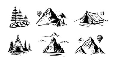 Camping set, Mountain landscape, hand drawn style, vector illustration. clipart