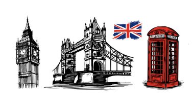 Big Ben, Tower Köprüsü, telefon kulübesi, el çizimi çizimleri, çizim tarzı. Vektör.