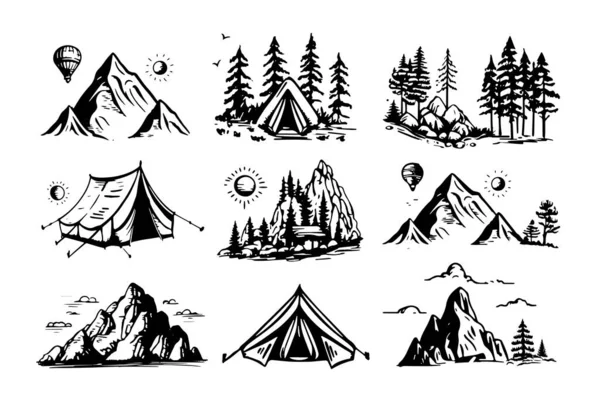 Campingset Berglandschaft Handgezeichneter Stil Vektorillustration — Stockvektor