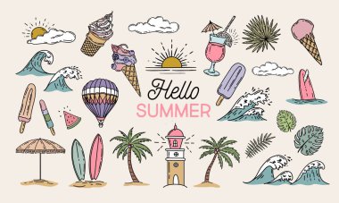 Yaz simgesi seti, el çizimi illüstrasyon.