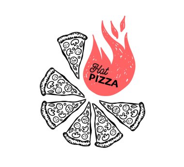 Sıcak Pizza, el çizimi çizimleri, vektör.